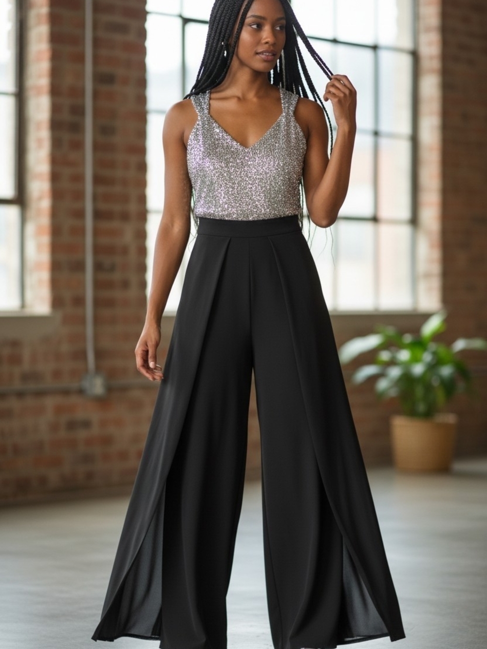 Addison EVENING size 10 Sparkle Silver V-Neck Jumpsuit with Black Wide-Leg Pants